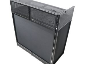 ProX XF-VISTA BL MK2 VISTA DJ Booth Facade Table Station with White / Black Scrim kit and Padded Travel Bag | Black Hardware
